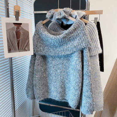 羊毛一字领可露肩发圈厚宽松毛衣