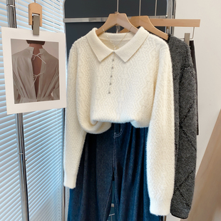 方领钉珠毛衣女加厚打底衫2025秋冬新款宽松外穿针织衫内搭上衣潮