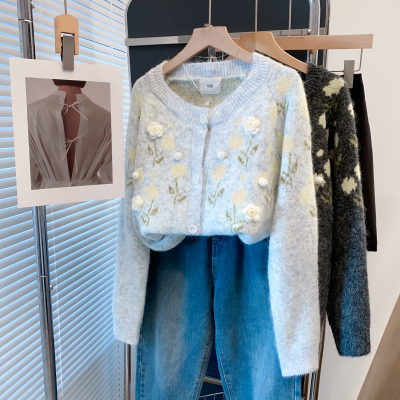 羊毛手工花毛衣外套宽松针织开衫