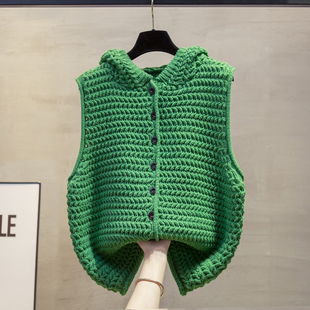 粗针连帽开衫针织马甲背心女2026春秋冬新款宽松马夹外穿毛衣坎肩