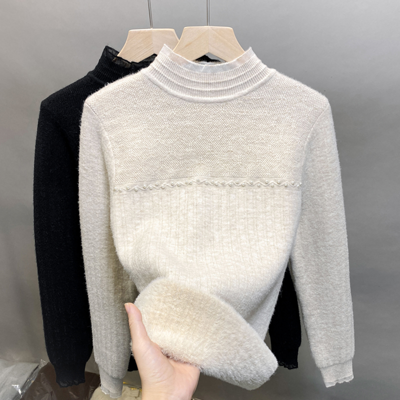 加绒半高领毛衣女蕾丝一体绒加厚打底衫2025秋冬新款内搭钉珠上衣