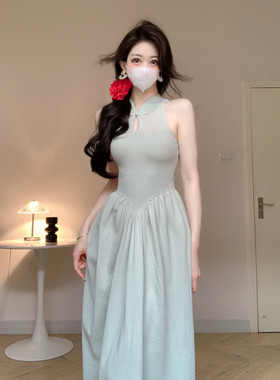 Amy的店外贸品质针织连衣裙修身款吊带长裙夏季无袖旗袍风连衣裙
