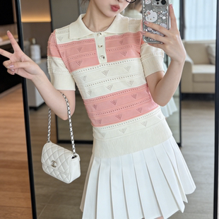 女装 夏季 T恤翻领冰丝针织衫 设套头条纹计感小众撞色别致短袖 新款