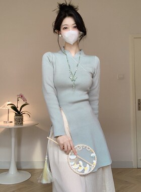 Amy的店外贸品质针织秋冬秋冬洋气改良旗袍侧开叉打底衫毛衣上衣