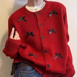 韩系蝴蝶结甜美针织开衫女秋冬春装新款毛衣外套宽松显瘦百搭上衣