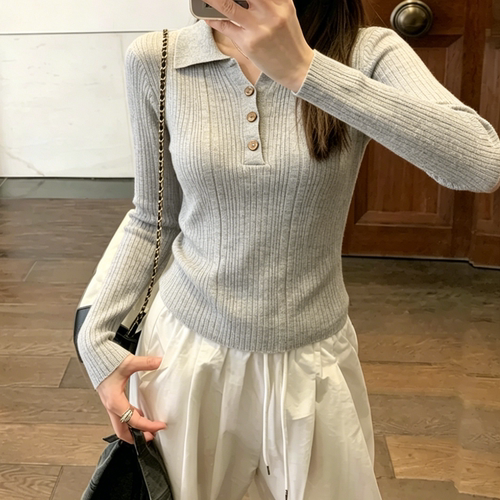 polo领修身短款针织打底衫女装