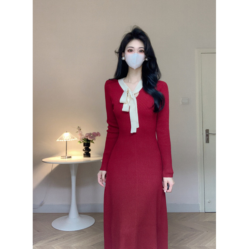高级感气质内搭红色长裙针织法式