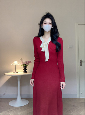 Amy的店外贸品质针织法式红色连衣裙秋冬气质高级感内搭毛衣长裙