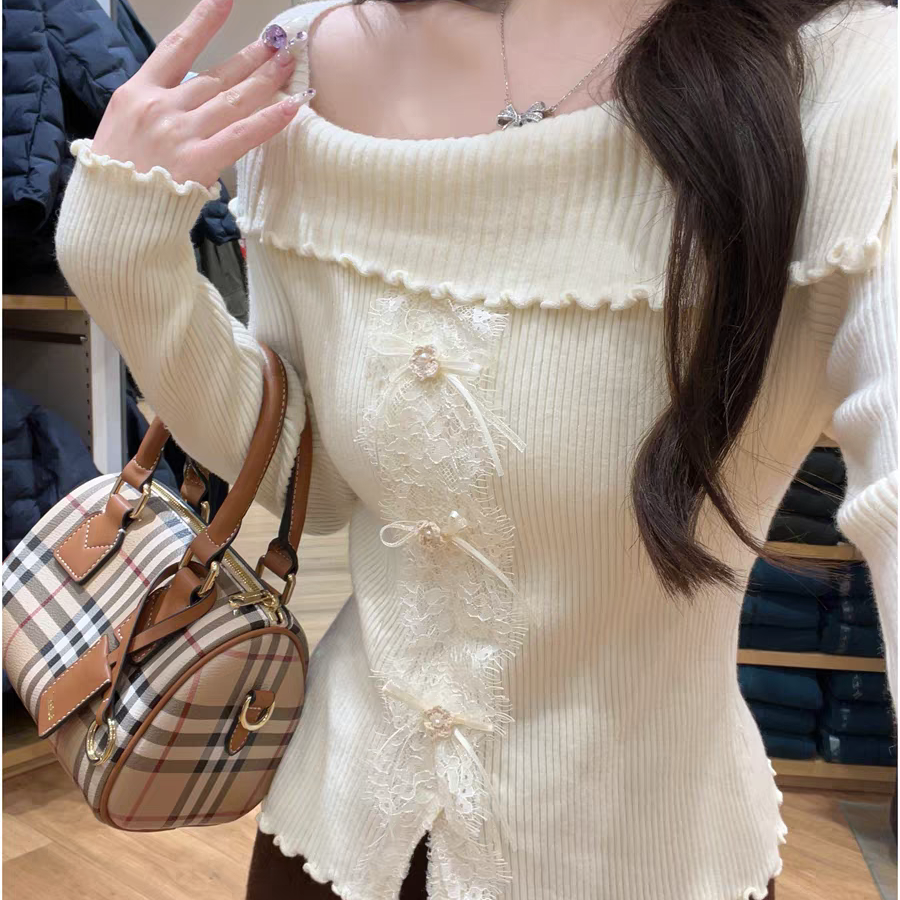 纯欲安迪绒木耳边蝴蝶结针织衫