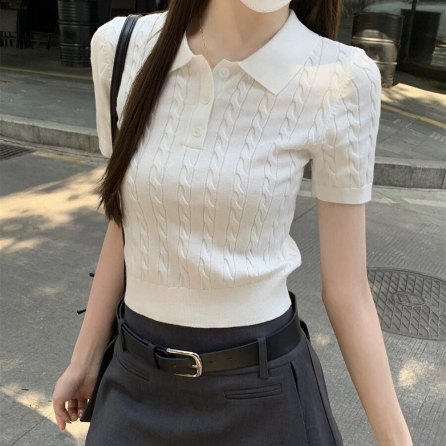 老钱风polo领麻花纹针织短袖女春夏季正肩打底小个子短款T恤上衣