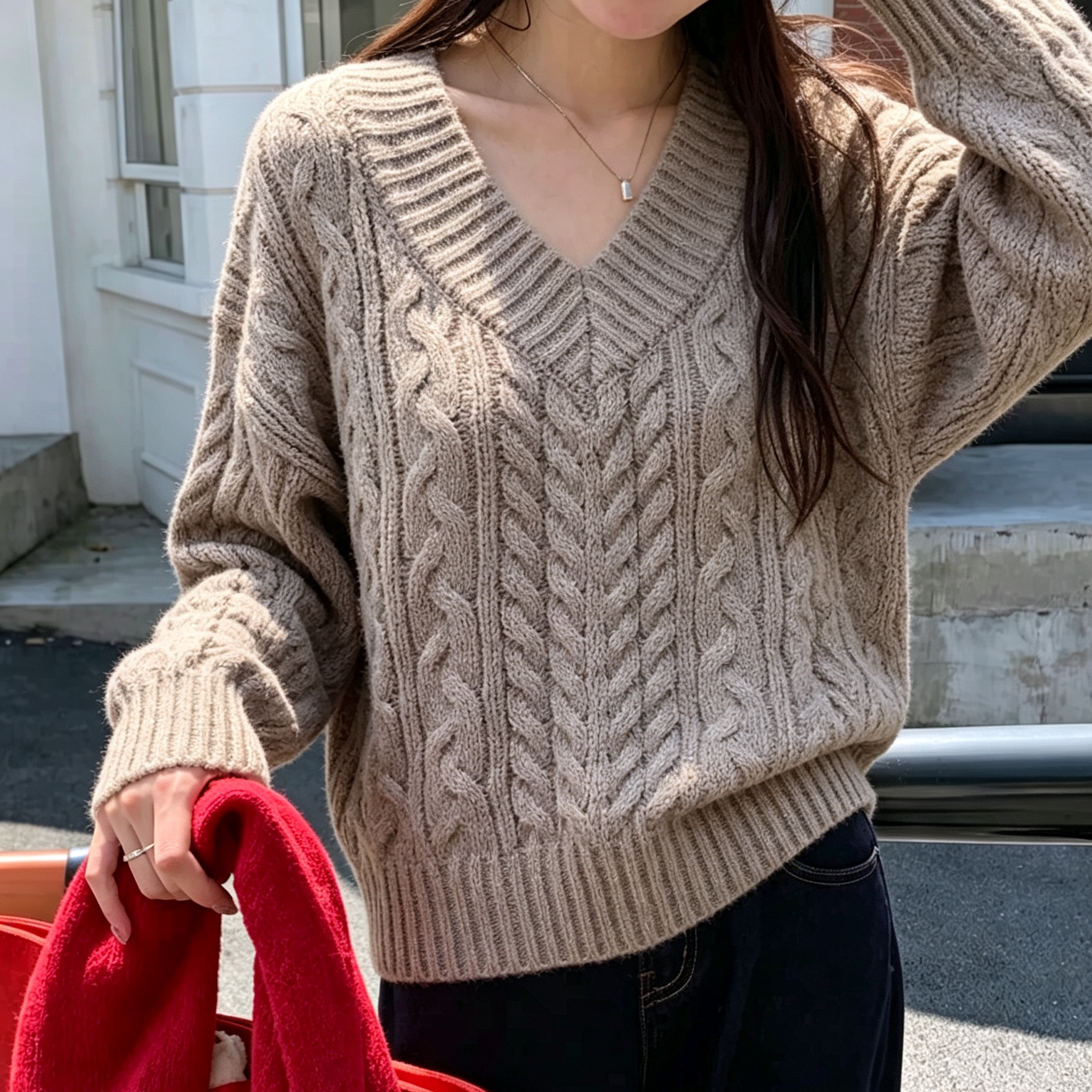 卡其色V领麻花毛衣女厚秋冬新款韩版宽松显瘦慵懒中长款软糯上衣