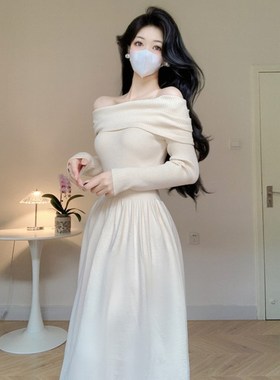 Amy的店外贸品质针织秋冬一字肩漏锁骨性感气质收腰针织A字连衣裙