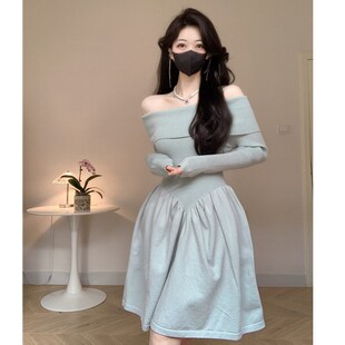 Amy 露肩一字肩性感针织毛衣A字裙短裙女 店外贸品质针织秋冬修身