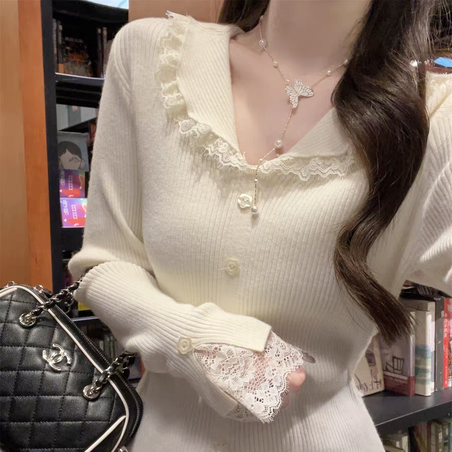 秋冬蕾丝翻领修身打底针织衫
