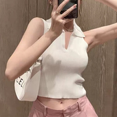 法式 白色小吊带背心女外穿夏别致内搭打底无袖 坎肩polo领挂脖上衣