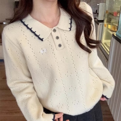 刺绣拼色翻领毛衣女2025秋冬新款