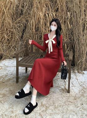 Amy的店外贸品质针织连衣裙秋冬修身显瘦减龄蝴蝶结内搭毛衣裙女