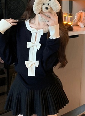 法式黑色立体蝴蝶结长袖针织衫女装秋冬百搭气质套头修身显瘦上衣