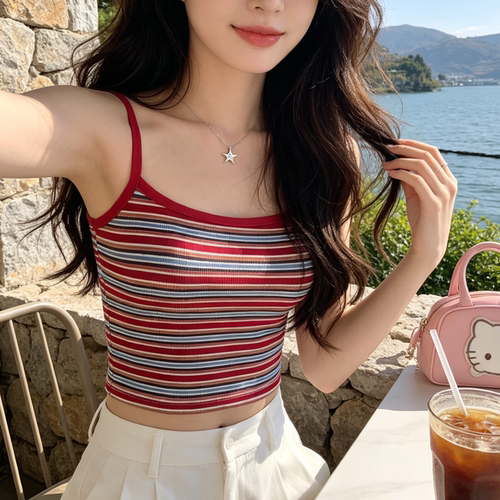 夏季甜辣撞色条纹露脐修身吊带