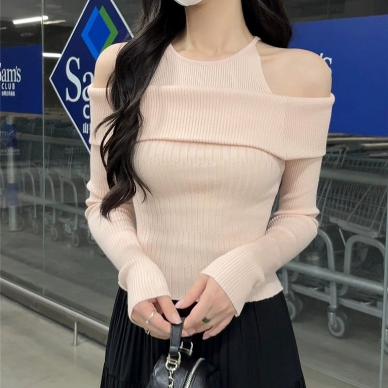 秋冬假两件露肩一字肩修身毛衣