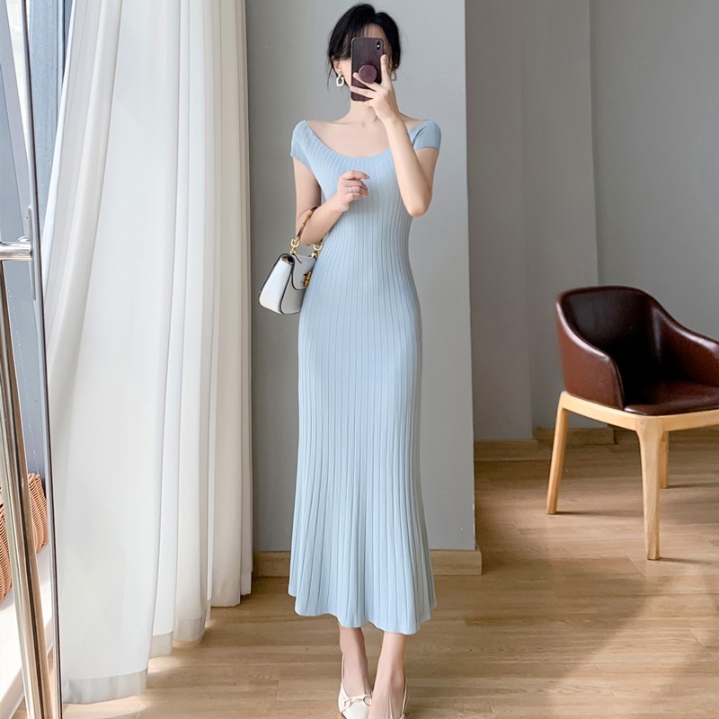 韩版A字裙冰丝针织纯色