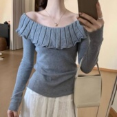 一字肩淑女针织衫 甜美毛衣女 娃娃领荷叶边修身 上衣2025秋季 新款