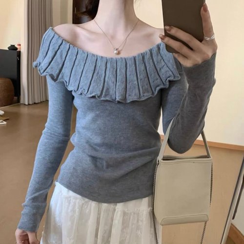 一字肩淑女针织衫上衣