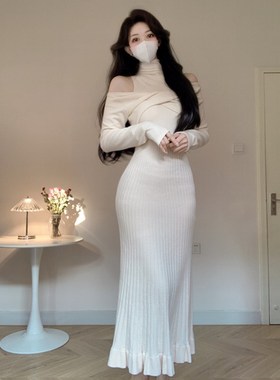Amy的店外贸品质针织露肩高领包臀裙假两件修身长款内搭打底裙女