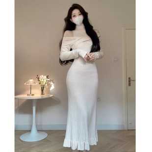 内搭打底裙女 长款 Amy 店外贸品质针织露肩高领包臀裙假两件修身