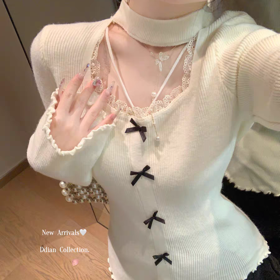 小众挂脖针织长袖修身打底T恤女