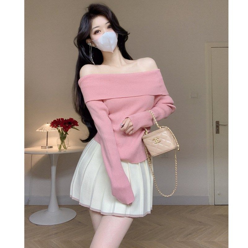 Amy的店针织套头一字肩短款上衣