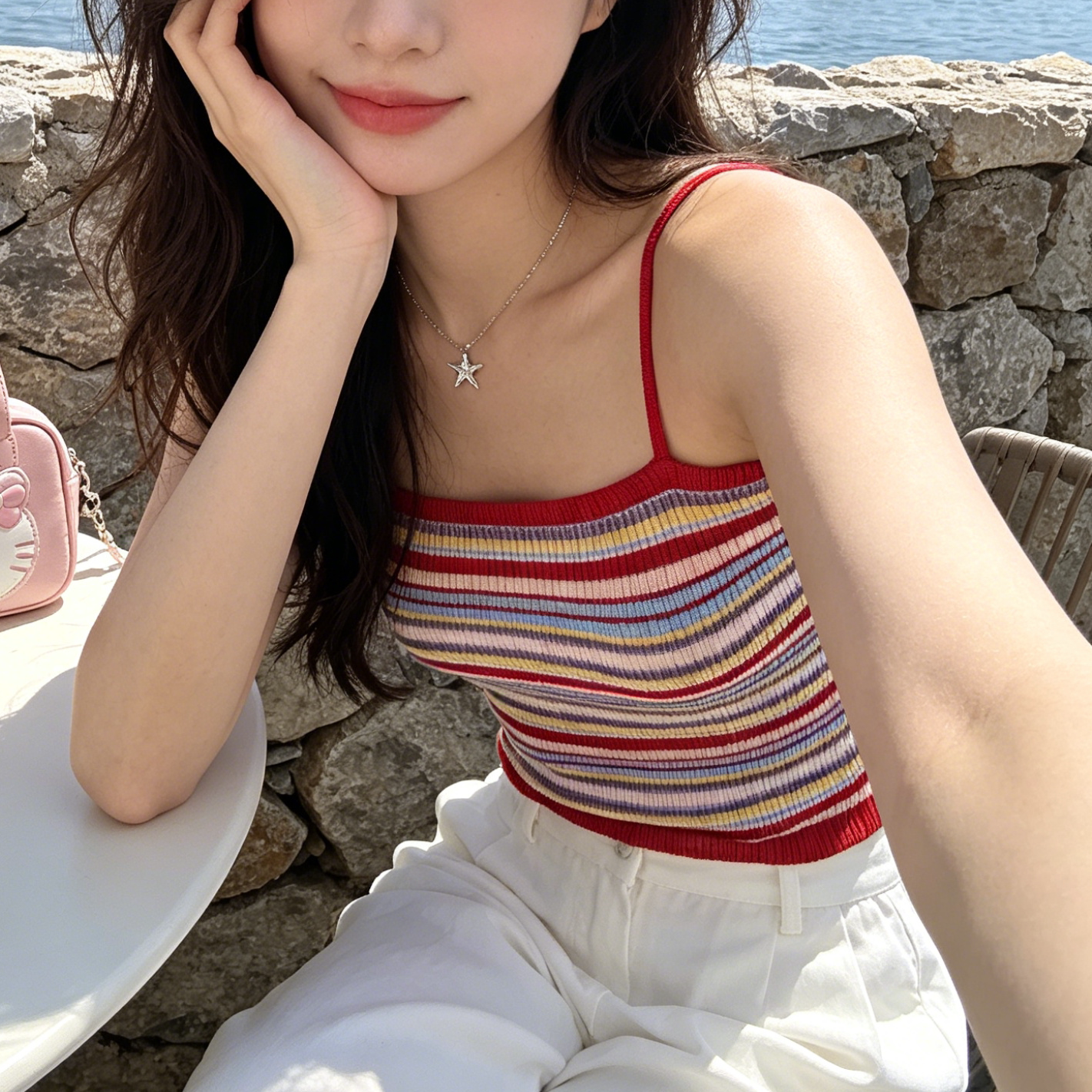 多巴胺条纹针织吊带背心图片