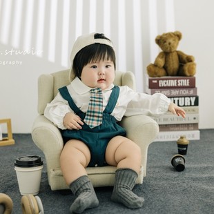 墨蓝学院风百天周岁男宝女宝拍照服装新款主题摄影道具儿童写真