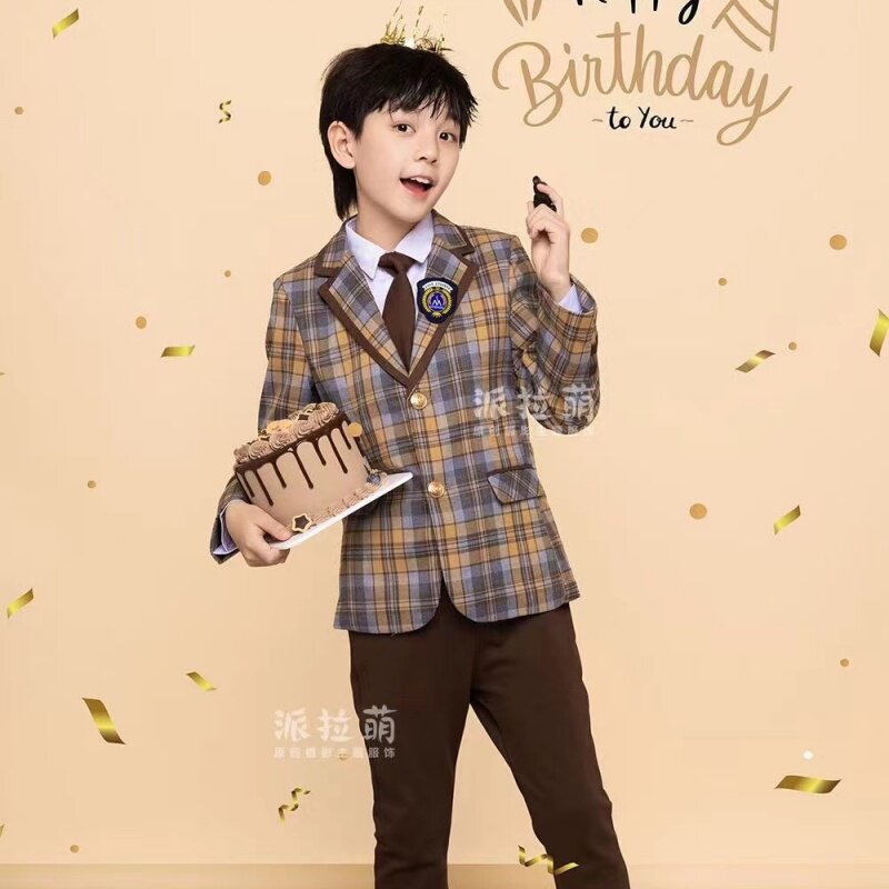 儿童摄影新款主题韩版格子西服帅气男童英伦风小西装男童生日主题