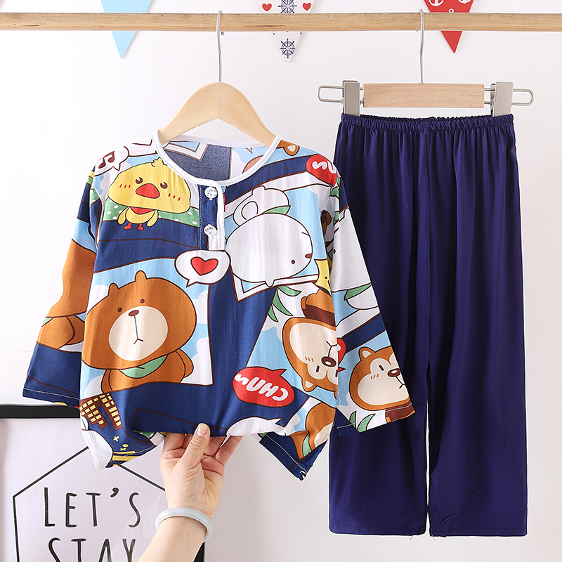 儿童睡衣棉绸夏季薄款男童女童家居服空调服套装宝宝绵绸睡衣