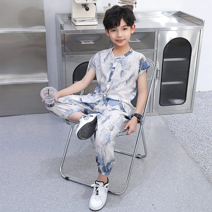 儿童棉绸套装夏季薄款男童女童家居服时尚卡通宝宝休闲空调服套装