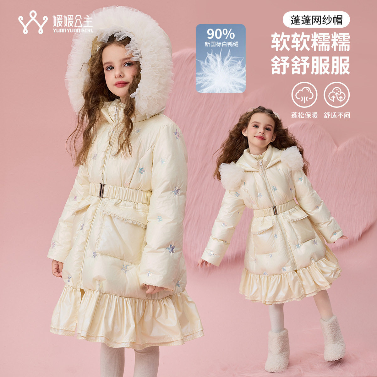媛媛公主女童羽绒服冬季2025新款洋气公主花边中长款蕾丝连帽外套