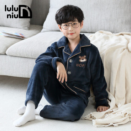 噜噜牛儿童睡衣男孩秋冬季法兰绒