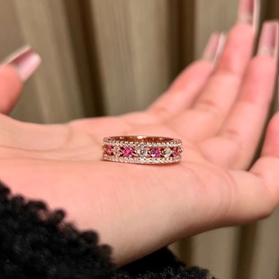 好名媛 蕾迪培育粉宝石925银镀18k金超重工排戒指 真