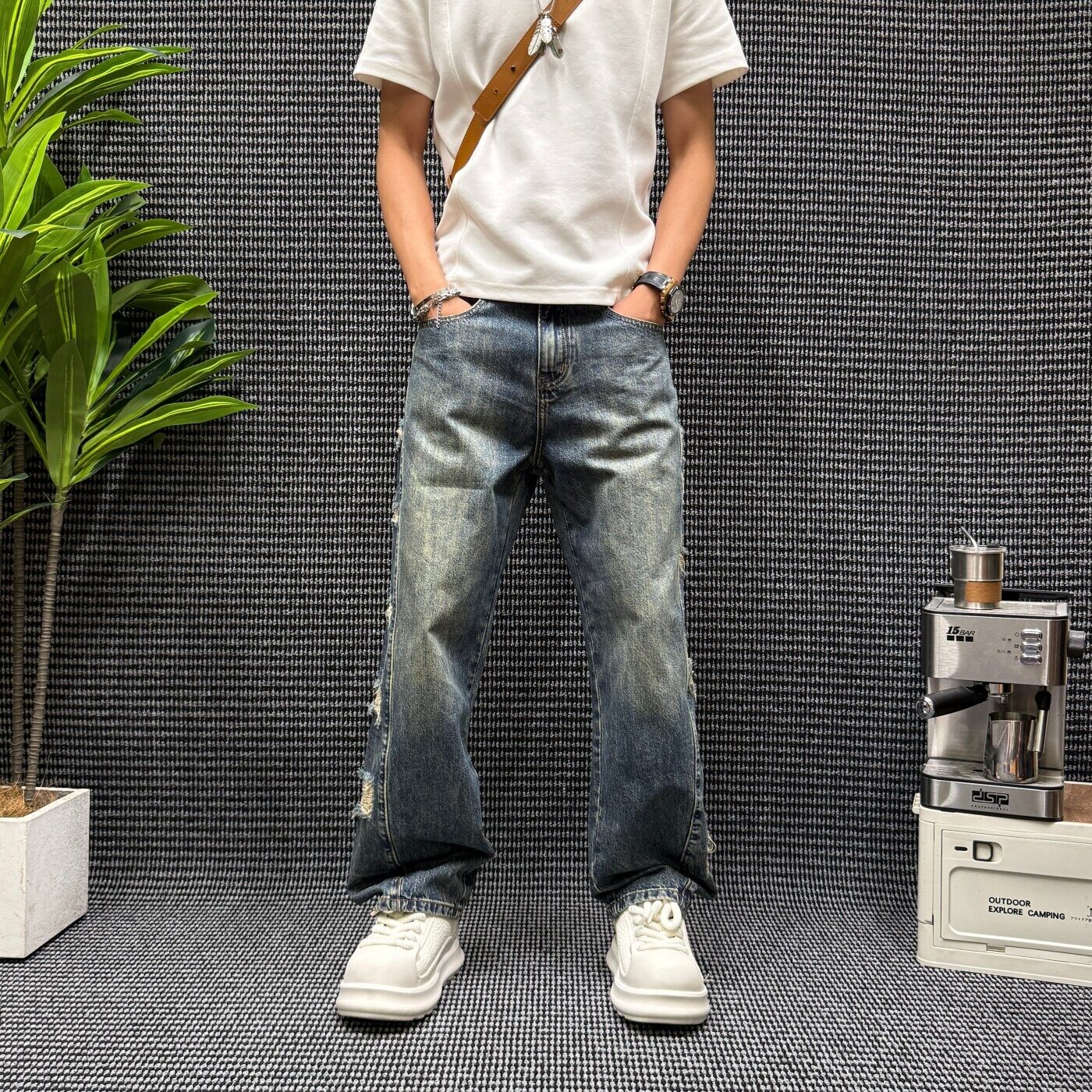 美式宽松拼接破洞直筒男士牛仔裤