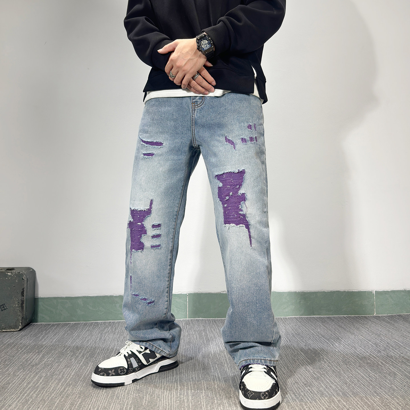 潮牌牛仔裤男款破洞补丁