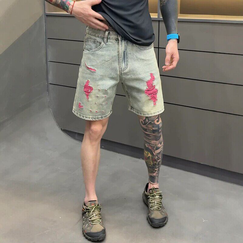 美式高街粉色破洞牛仔短裤男士夏季时尚潮流痞帅直筒裤休闲五分裤