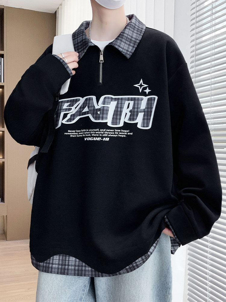 半开襟撞色卫衣男春秋季美式结构分割宽松上衣帅气休闲假两件外套