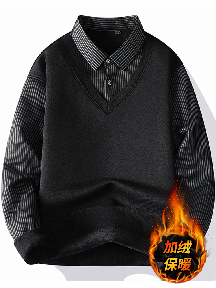 FAKE TWO SWEATERS FOR MEN AUTUMN AND WINTER STYLE PLUSH THICKENED WARM CLOTHES LINE SHIRT COLLAR A BASE KNIT SWEATER FOR MEN