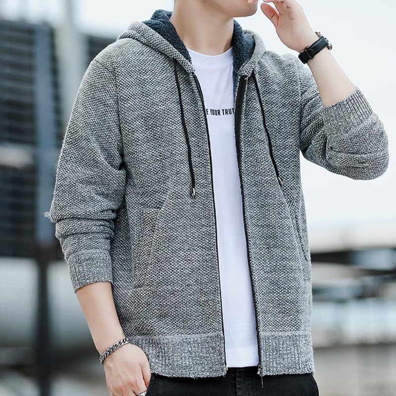 男外套秋冬款潮牌连帽针织衫上衣服加绒加厚青少年开 衫春秋夹克