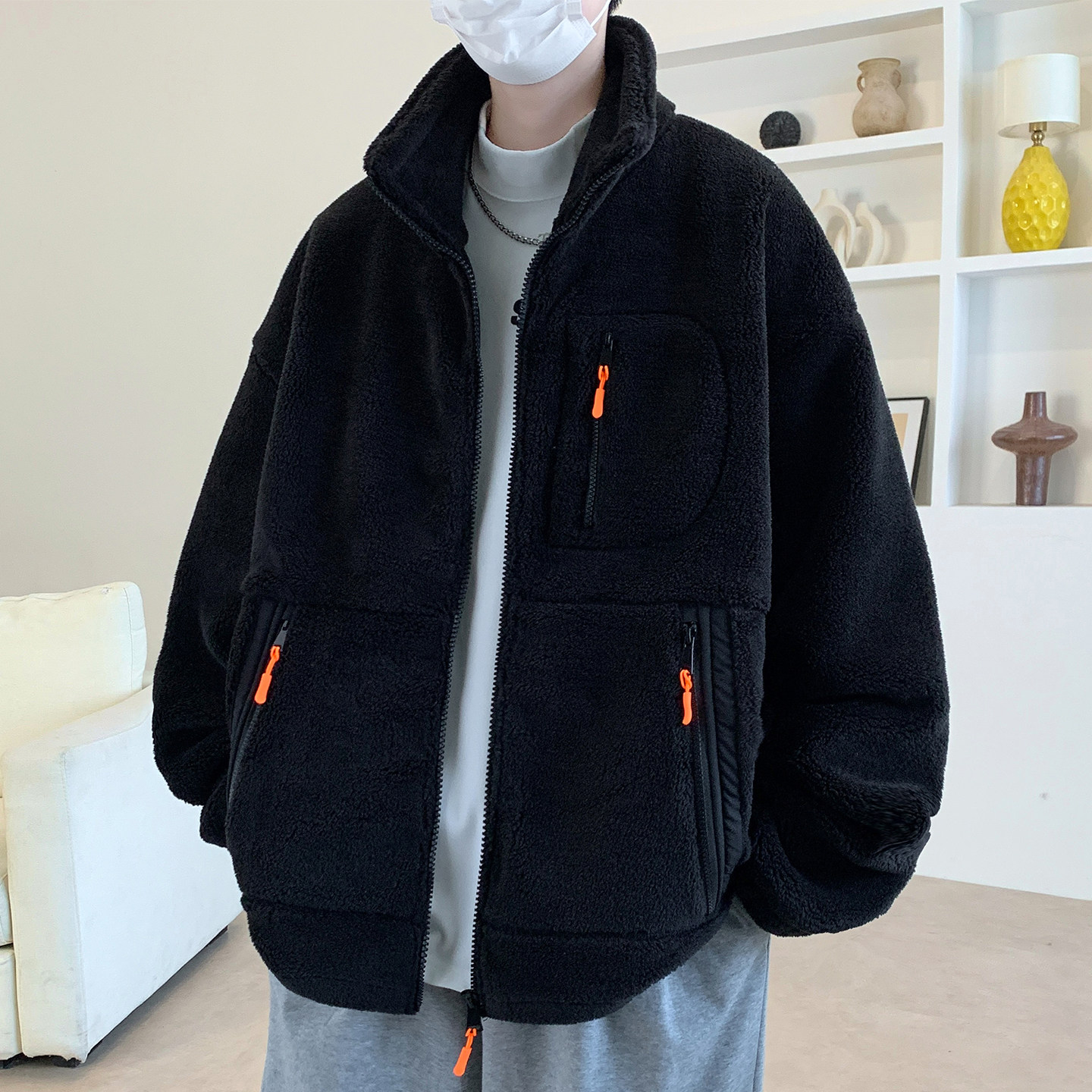 羊羔绒棉衣外套男冬季2025新款保暖加厚防风连帽男生休闲立领棉服