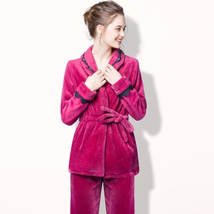 加绒保暖套装 珊瑚绒睡衣女秋冬季 冬天大码 家居服法兰绒加厚款 长袖