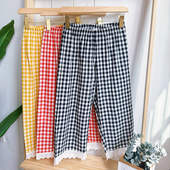蕾丝休闲薄短裤 水洗棉格子透气家居宽松大码 女纯棉春夏七分裤 睡裤