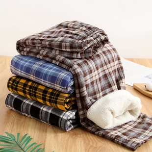 男士纯棉格子裤睡裤女秋冬季加绒保暖家居裤双层长裤宽松居家裤子