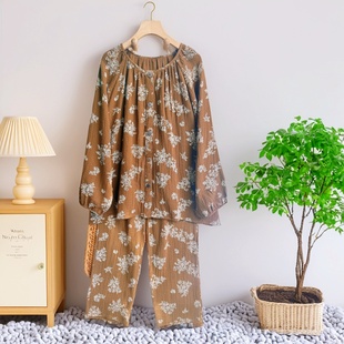 纯棉睡衣女套装春秋宽松大码休闲双层绉纱长袖长裤家居服纱布睡衣